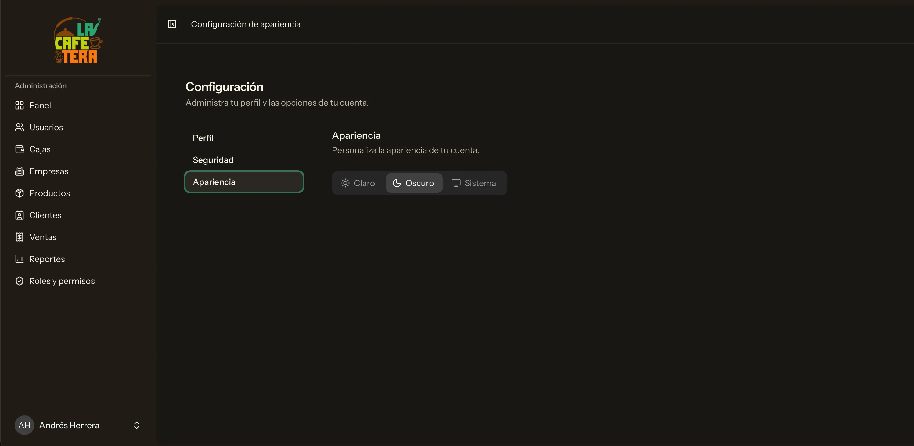 Configuración en tema oscuro